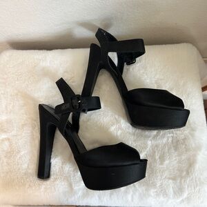 Black satin Y2K platform open toe pumps